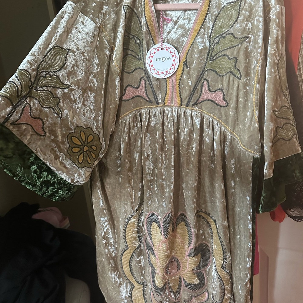 Umgee Champagne Velvet Embroidered Boho Tunic with Olive Accents